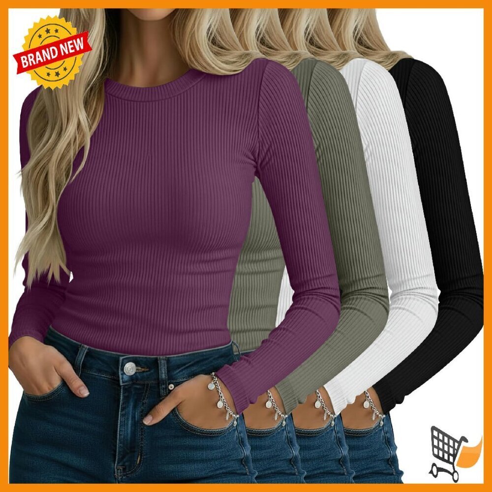 Women's Ribbed Long Sleeve Cotton Tees Slim Fit Stretch Knit 4 Pack